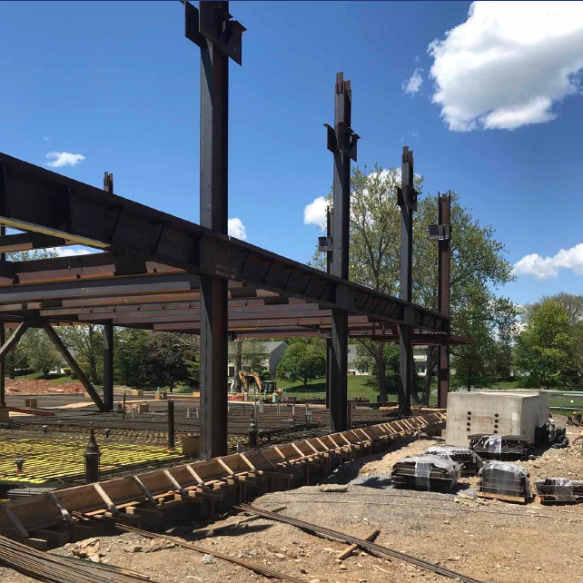 Vertical construction in the northeast corner of the GIB began to take shape in May. Here you can see the structural steel as well as the slab on grade rebar and forms.